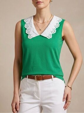 Halston Kelly Green Lace Peter Pan Collar Top Sleeveless Blouse Preppy Twee M